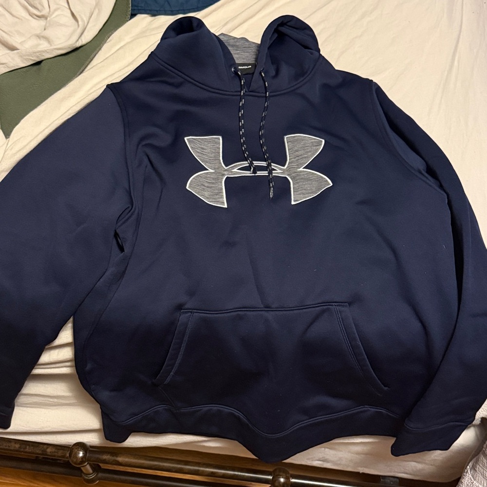 Under Armour Loose Storm Navy Hoodie Large Embroidered Gray Logo Men Sz L